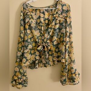 Positively Boho & Romantic Free People Blouse — XL Floral Tie-Front Blouse
